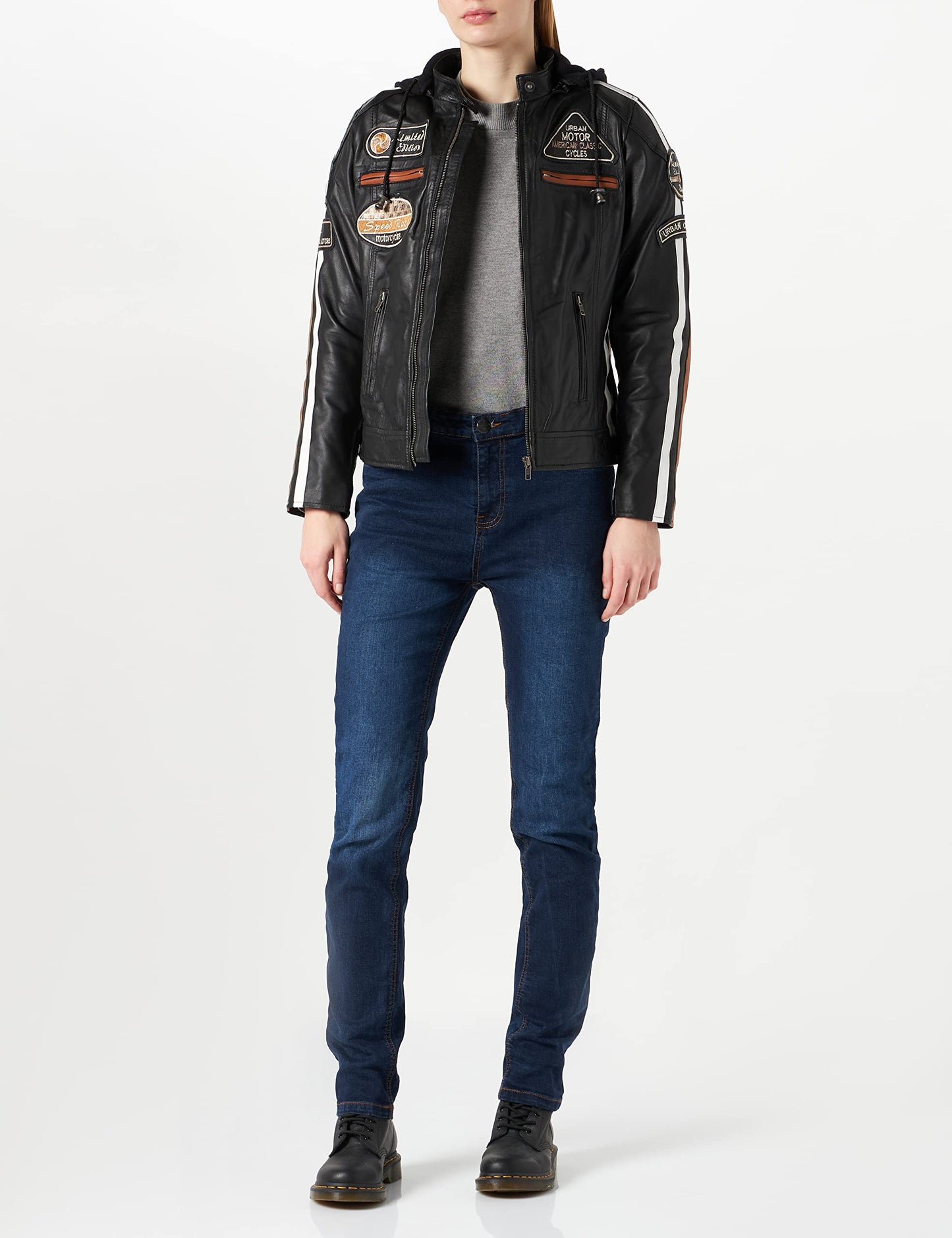 Damen Motorradjacke Leder mit Protektoren, Schwarz, XXL