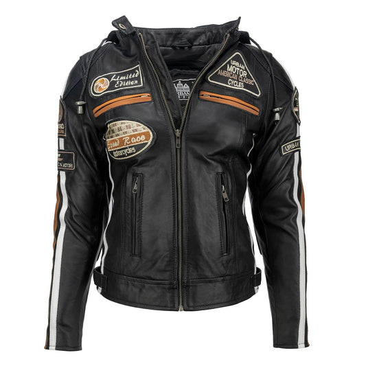 Damen Motorradjacke Leder mit Protektoren, Schwarz, XXL
